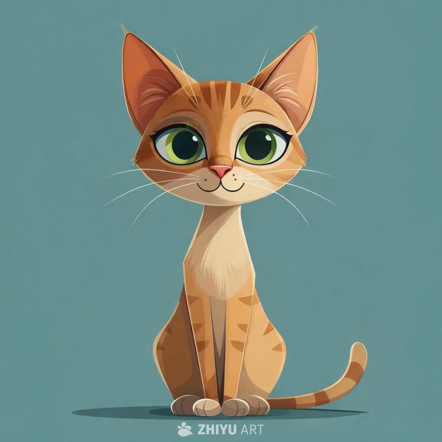 一只卡通风格的可爱小猫，身体纤细，带有橙色条纹。猫