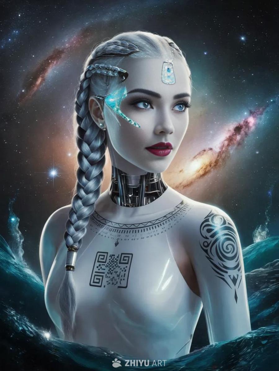 一个具有半透明埃及阿拉伯皮肤的纯白色闪亮人形机器人