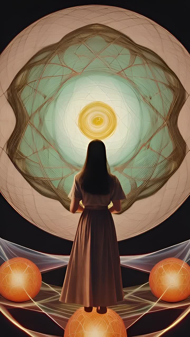 一位身穿长裙的女子站在一个大的、发光的绿色球体前，