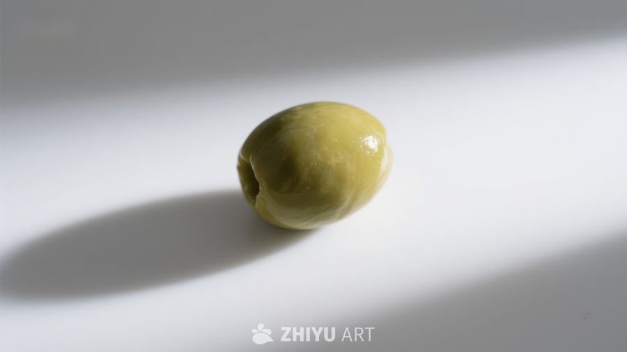 单一青橄榄置于明亮背景