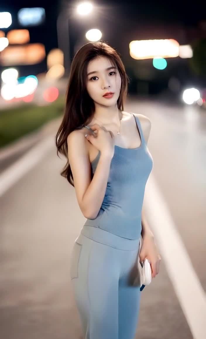 公路夜景：运动装美女扭动腰肢