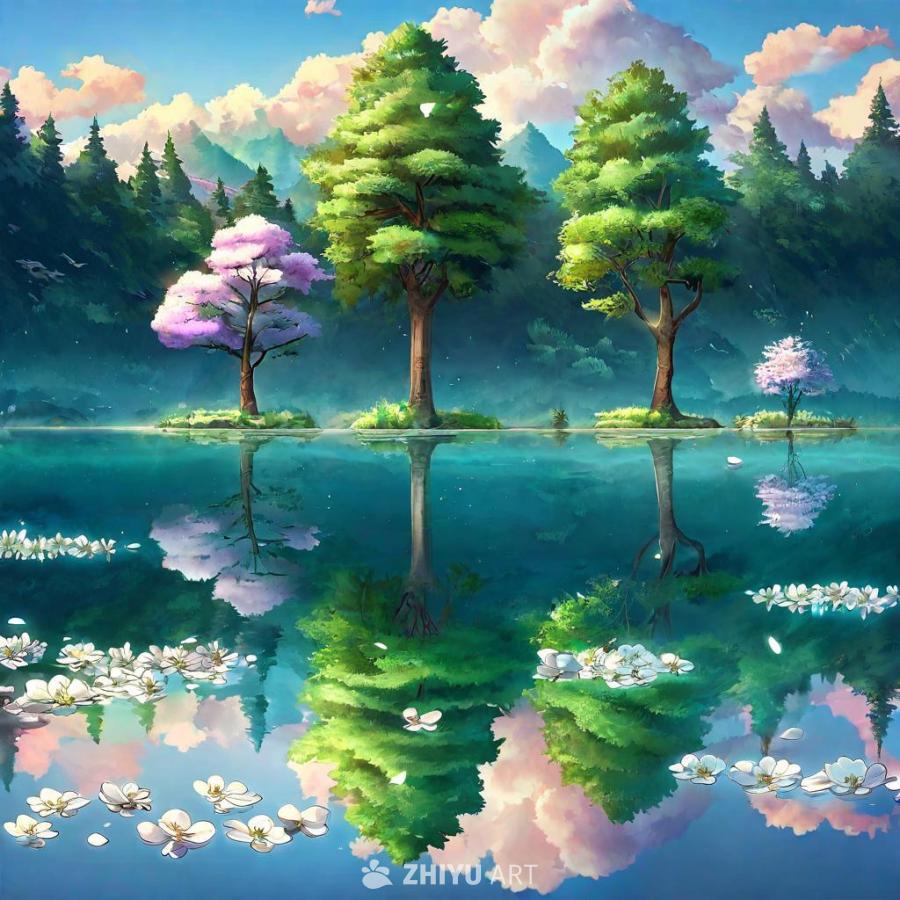 平静的湖面上倒映着自然的景色。挺拔的树木，盛开的鲜