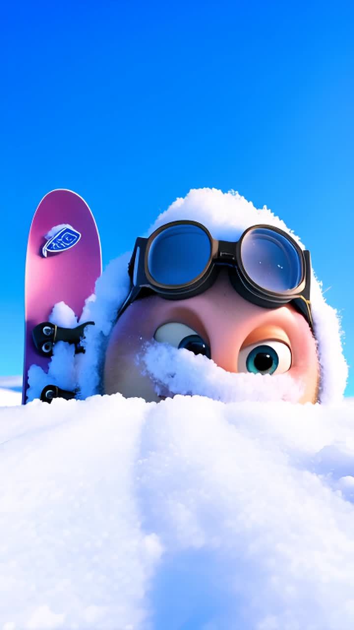 雪地里有一个戴着护目镜的卡通形象从雪堆里探出头来，