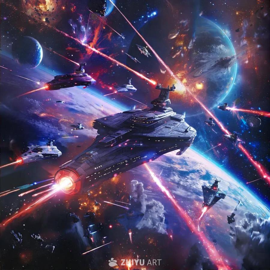 星空背景下，多艘先进的战斗飞船在宇宙中交战。等离子