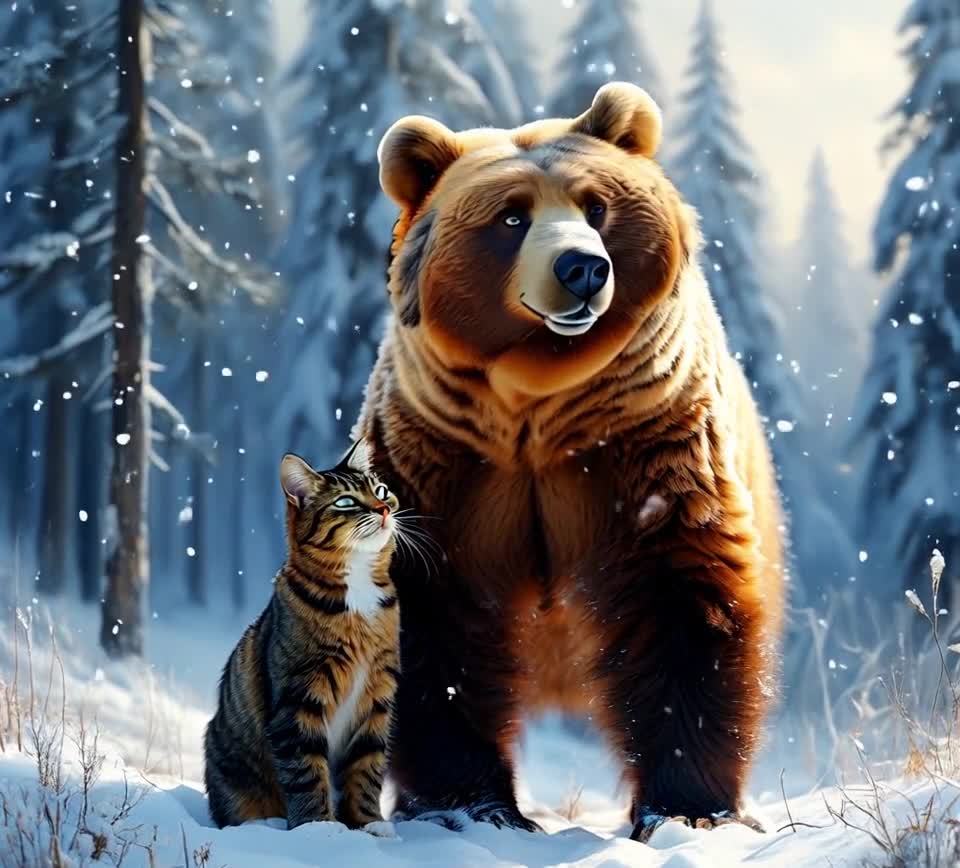 雪地里，棕熊与虎斑猫相遇的温馨场景