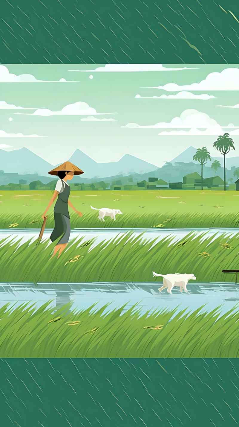 女人站在稻田与狗绿色插画 9