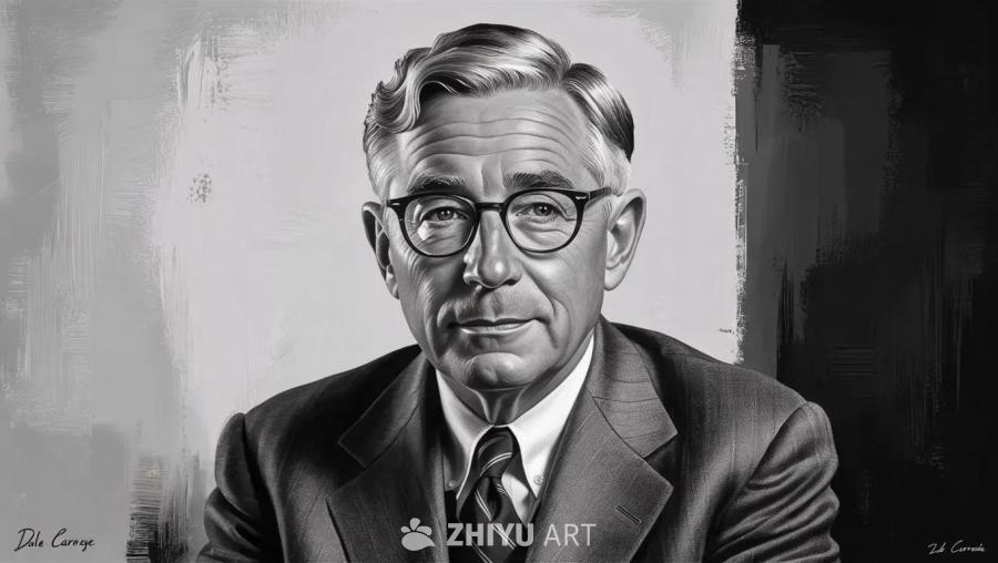 黑白肖像照中，戴尔·卡耐基身穿西装，面部表情严肃但