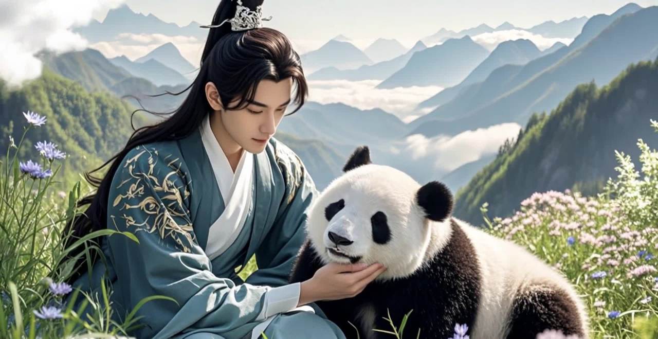 一位身穿古装的男子坐在草地上，抚摸着一只熊猫。熊猫