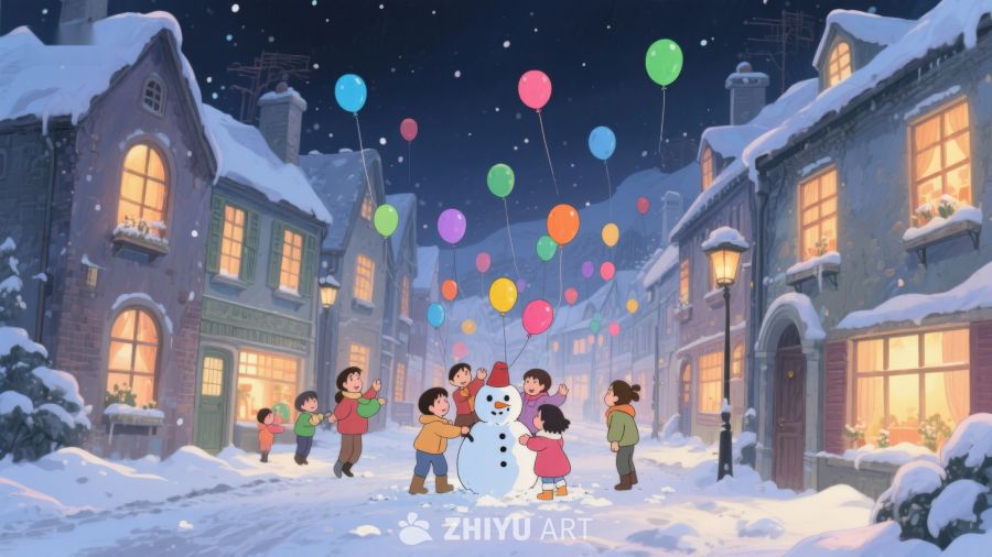 冬夜雪地儿童与雪人放飞气球 105