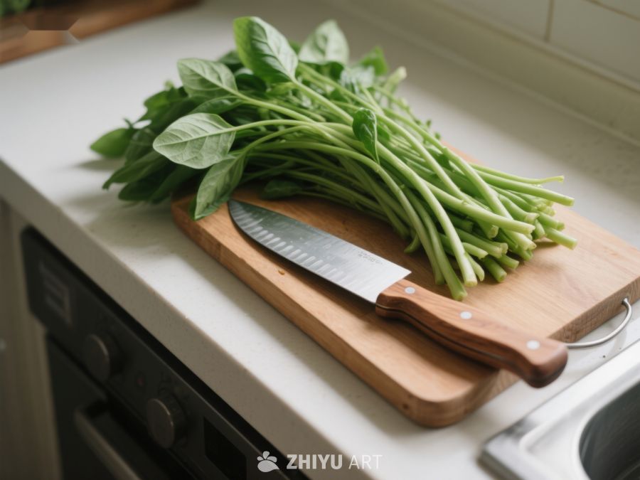 新鲜蔬菜与刀具置于砧板上 530