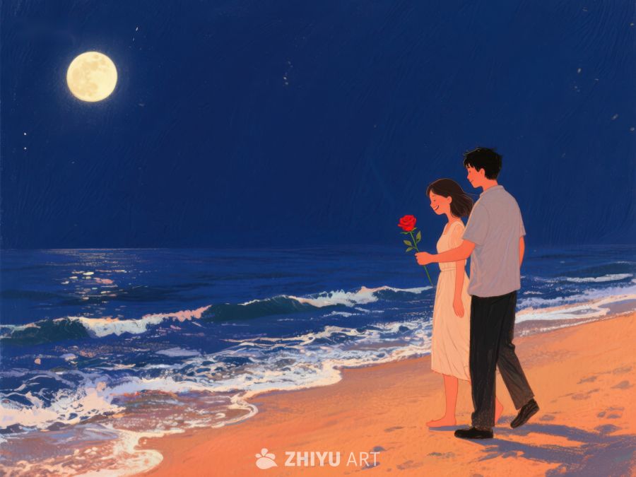 月夜海滩情侣漫步 1159