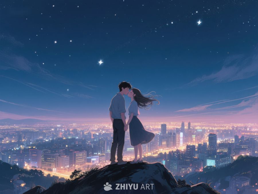 夜空下的情侣俯瞰城市 985
