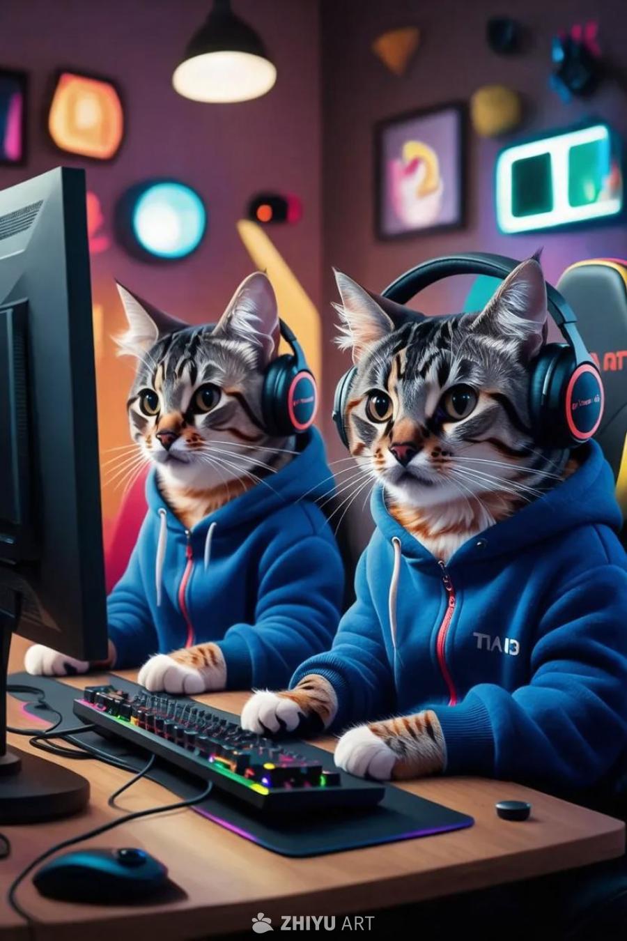 两只穿着游戏服的小猫，都戴着大型耳机，坐在电脑屏幕