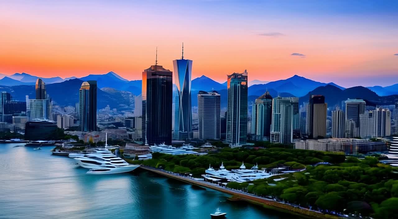 日落时分的城市景观鸟瞰，画面中有一个美丽的港口，停