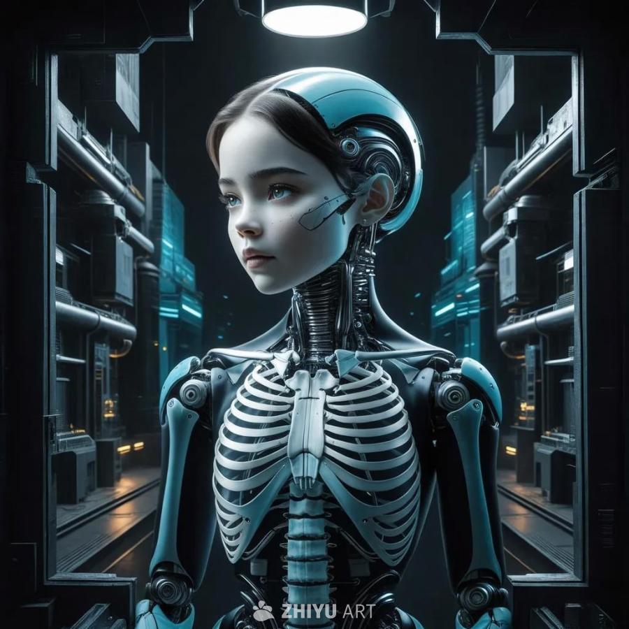 一个年轻的女性人形机器人，以X光风格呈现，主体色调