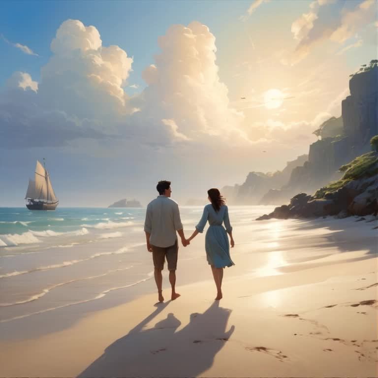 一对男女手牵着手在沙滩上行走，他们的影子投在沙滩上