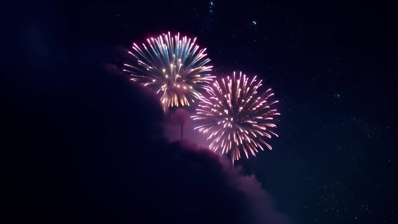 夜空中，烟花绽放，呈现出壮观的色彩和图案。镜头从上