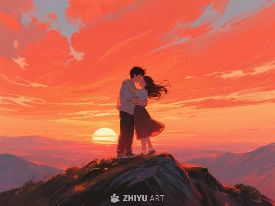 山顶情侣拥抱，夕阳映照 648