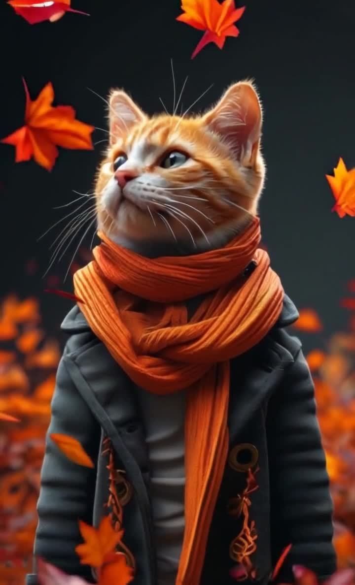 秋日着装猫咪：橙色围巾与灰色外套的时尚猫