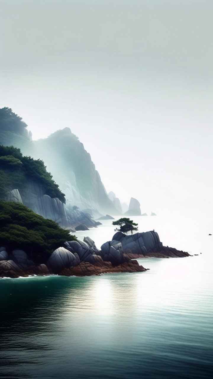 雾气缭绕大海山水画简约风格 27