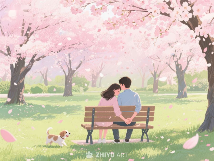 樱花树下情侣与小狗的温馨时光 1053