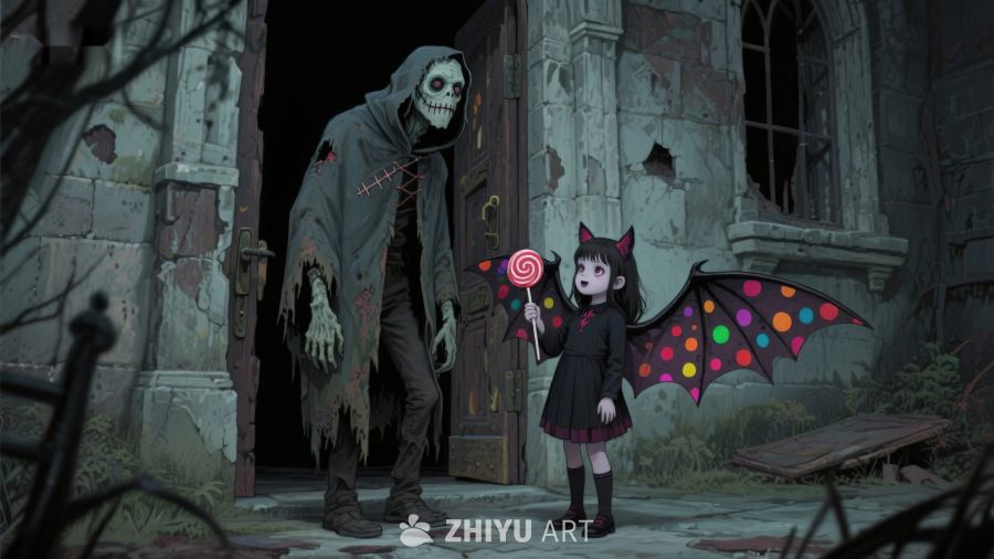 幽暗古堡前的骷髅与小女孩