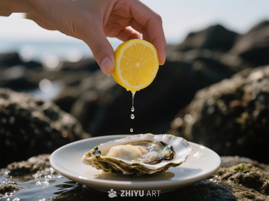 柠檬汁滴入牡蛎，海边美食特写 756