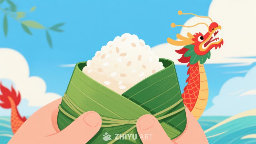 手持粽子与龙舟背景 381