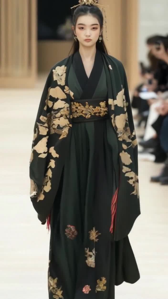 金色发饰绿色汉服走秀女子