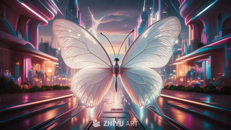 一只3D渲染的白色蝴蝶，背景是未来主义的城市景观，