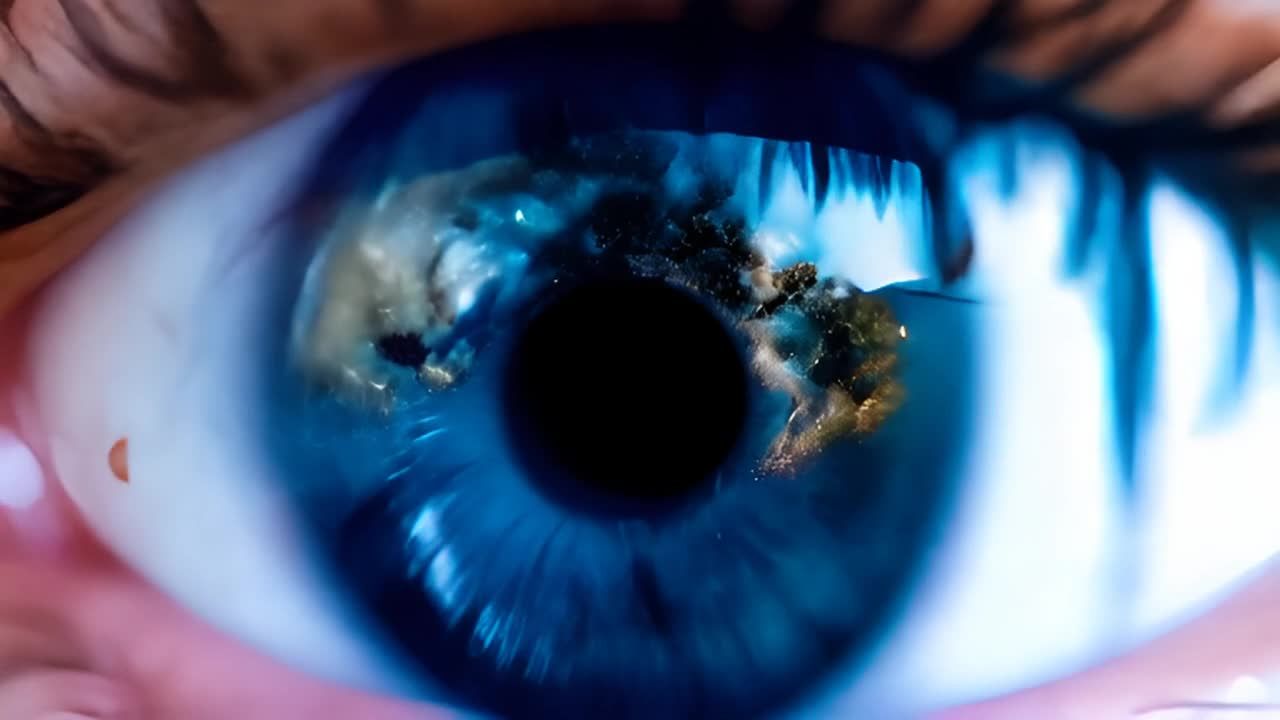 一只蓝色的眼睛特写，眼睛的虹膜中反射着星空、海滩、