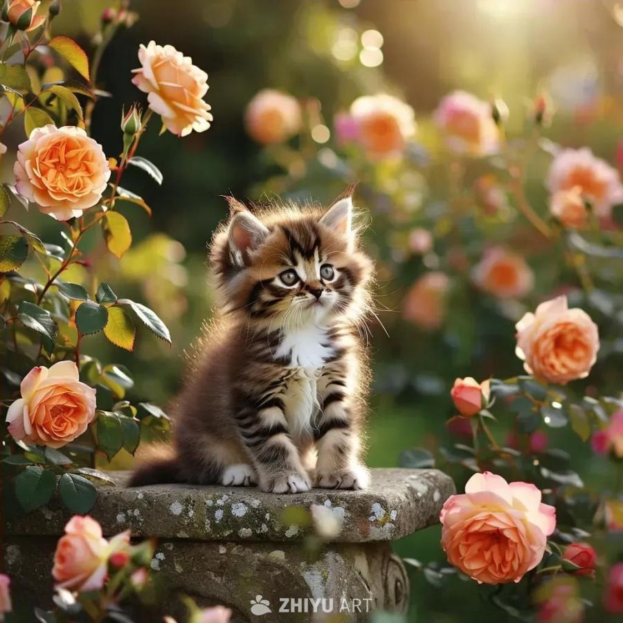 一只蓬松的、可爱的虎斑小猫坐在石头长凳上，四周是盛