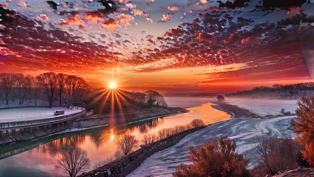 太阳从地平线上升起，发出耀眼的光芒，光线穿过天空中