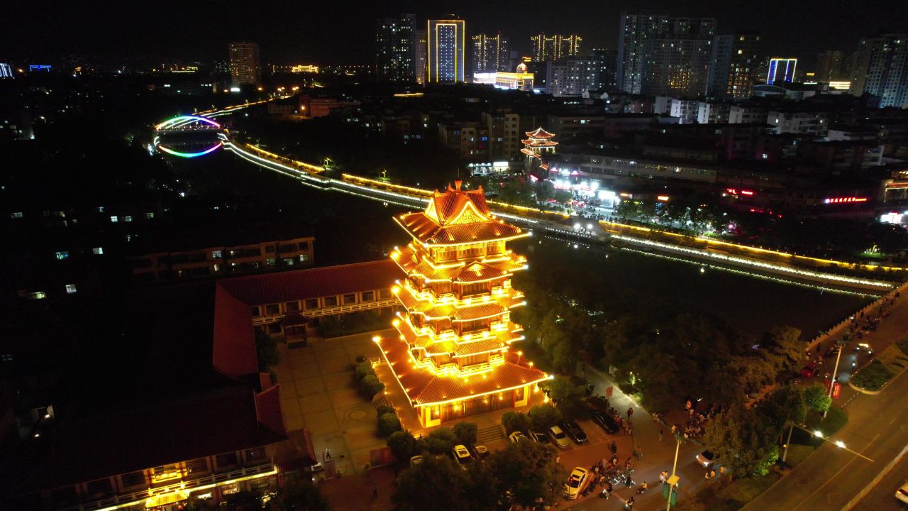 河北沧州城市夜景灯光航拍