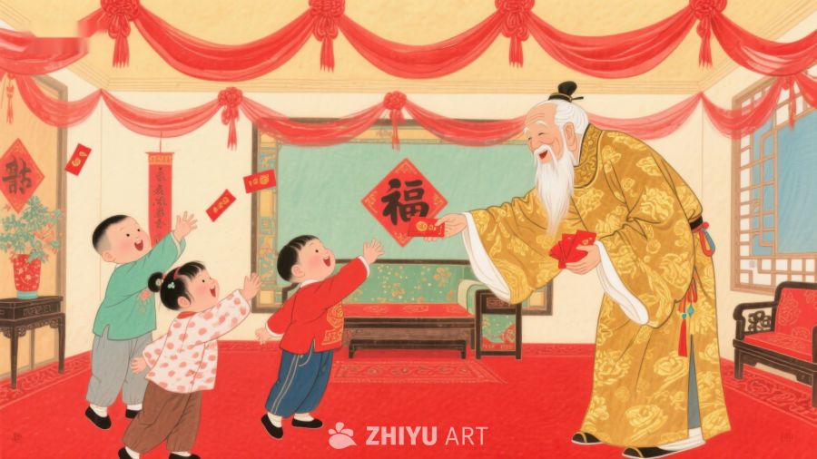 新年长辈赠红包，孩童欢喜迎福字 1065