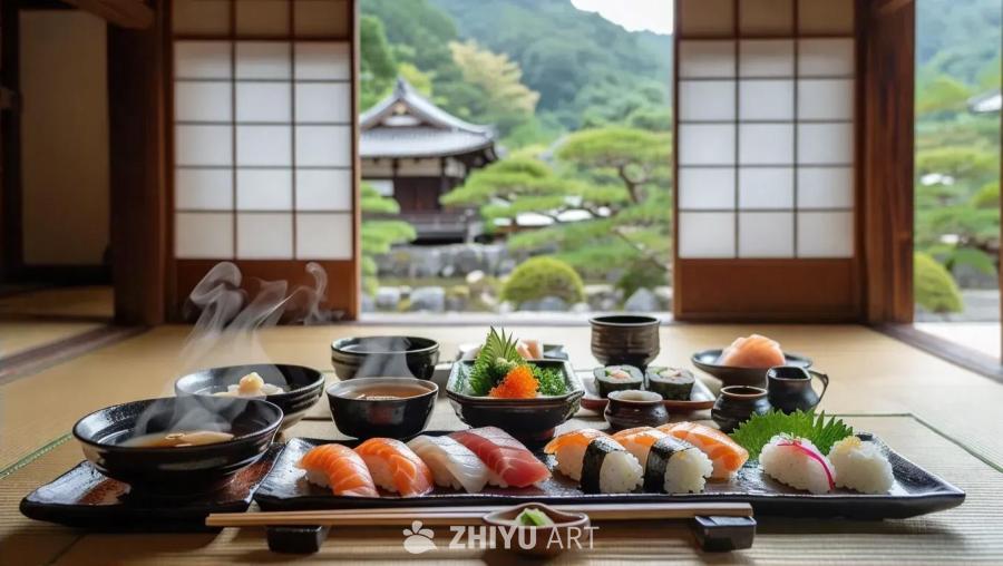 榻榻米上摆放着盛满食物的餐具，包括冒着热气的黑色碗