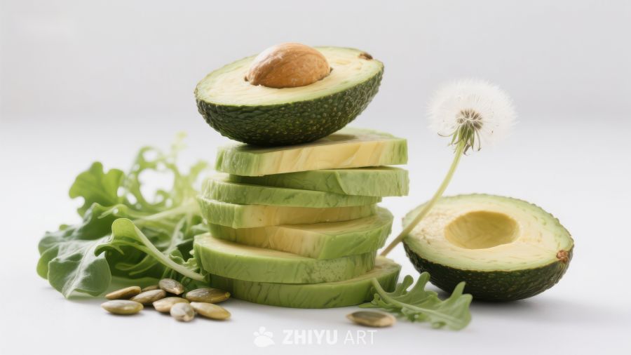 切片牛油果与绿叶蔬菜