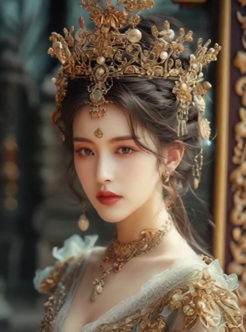华丽装扮的女子，金色头饰颈饰，东方古典美人。