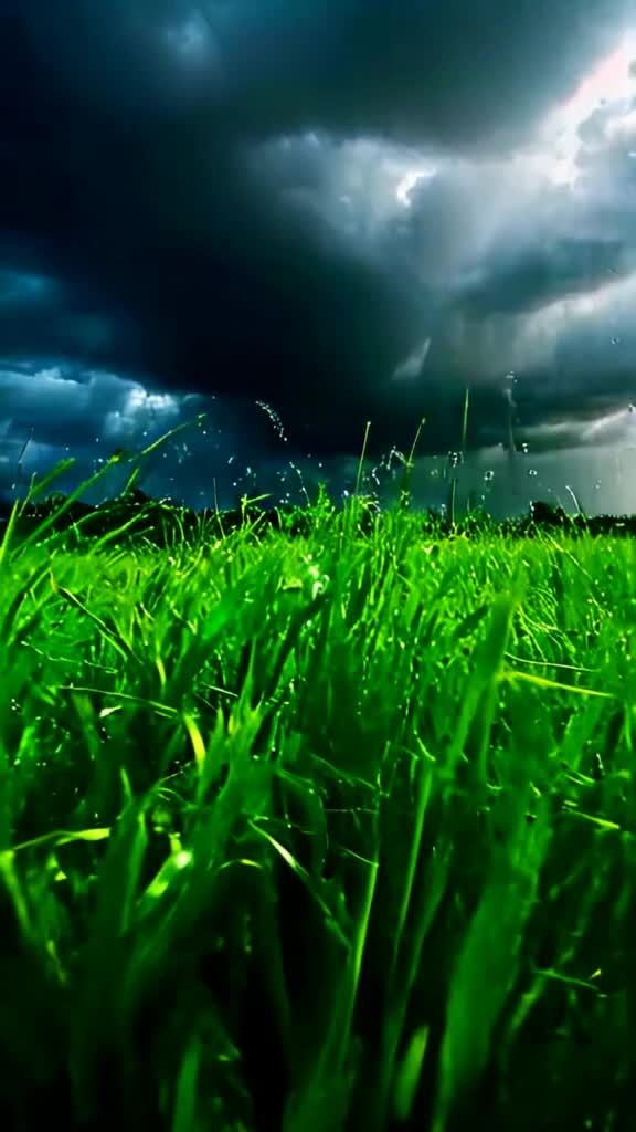 雨水猛烈地拍打着茂盛的翠绿色草地。风在呼啸，卷起一