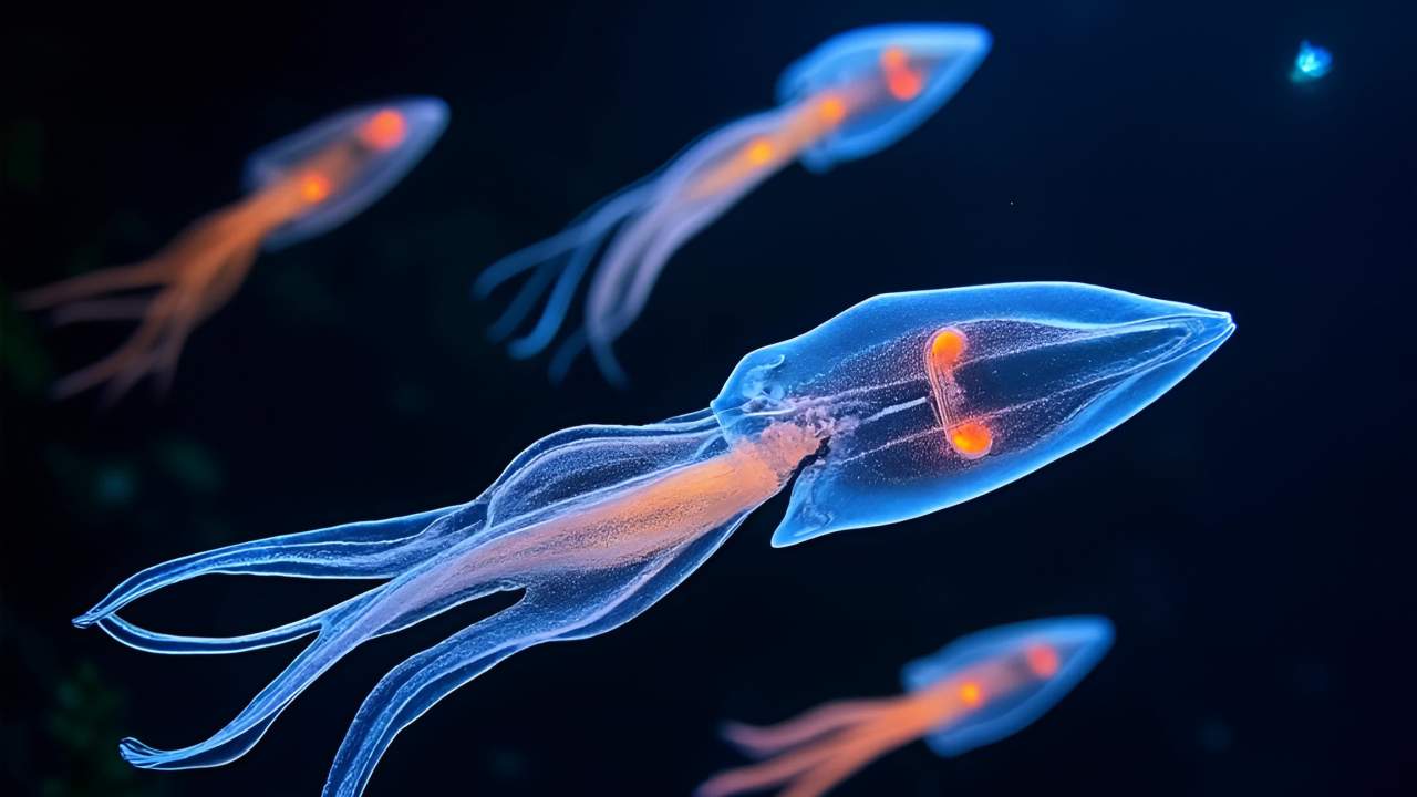 四个半透明的生物在深蓝色的背景中。这些生物呈长矛状