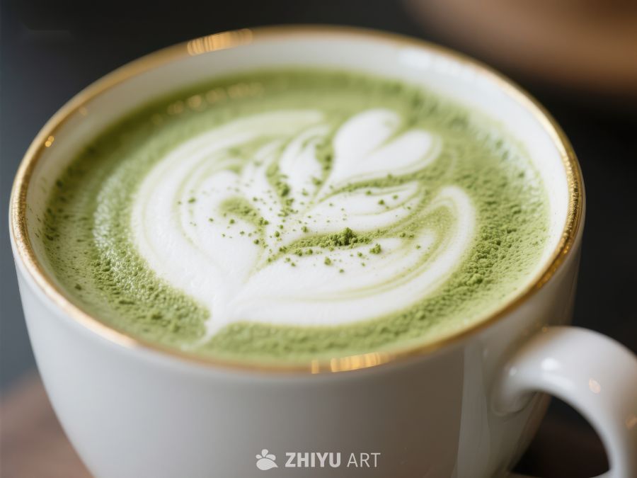 抹茶拿铁特写，泡沫艺术设计
