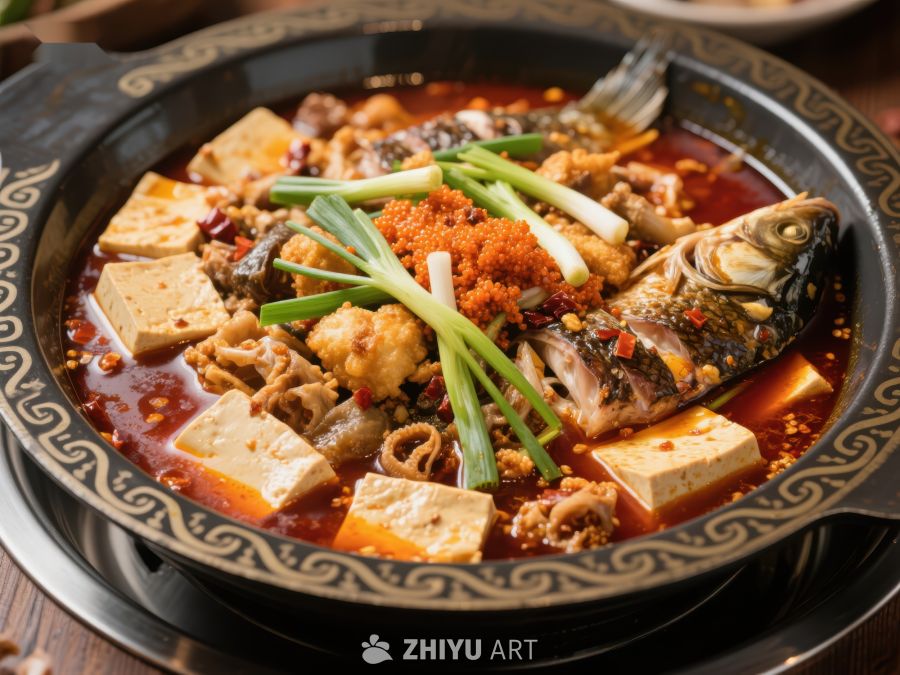 麻辣鱼火锅，配豆腐与蔬菜 417