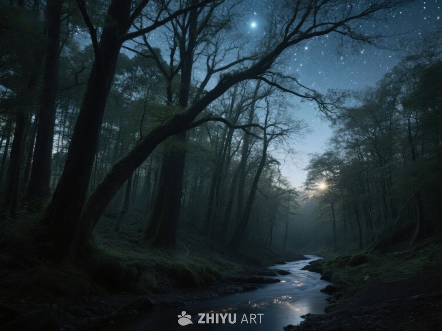 月夜森林溪流 588