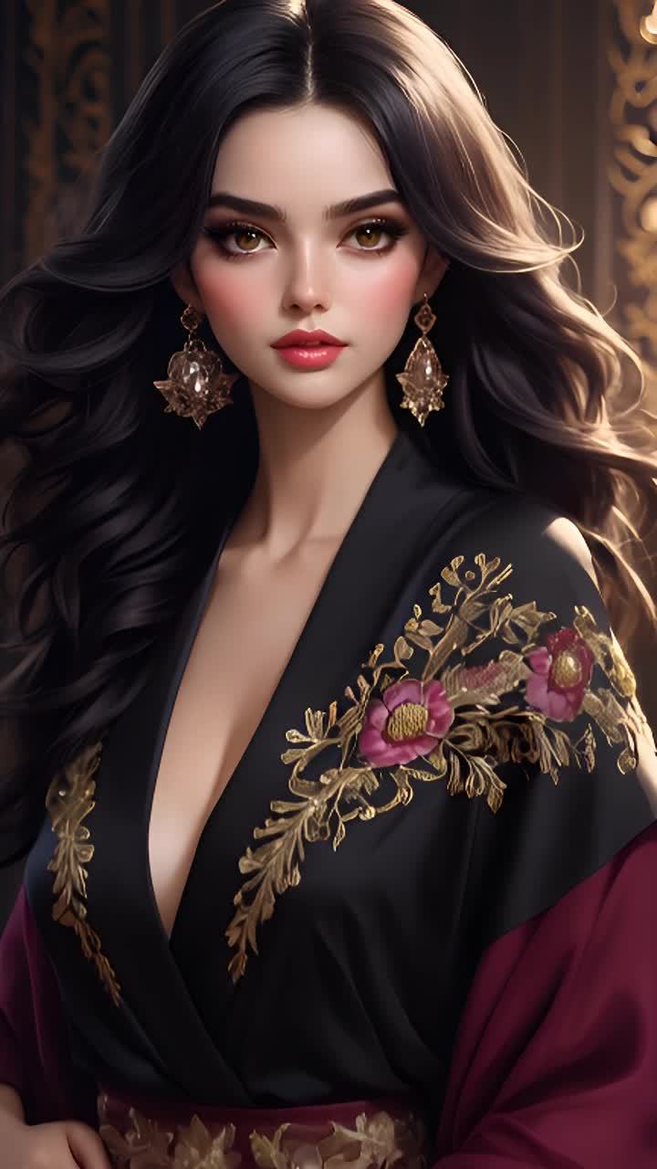 一位长着深色长发、佩戴菱形耳环的女性直视前方。她缓