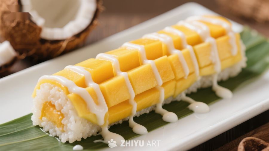 芒果糯米饭卷，椰汁点缀