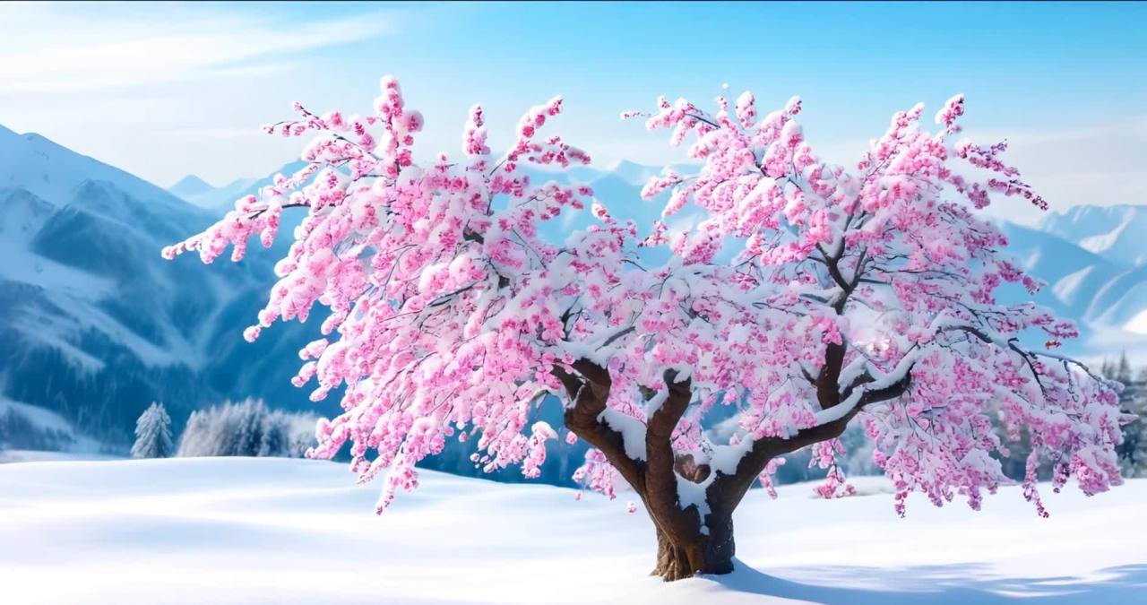 雪中盛开的粉色樱花，与雪山相映成趣。