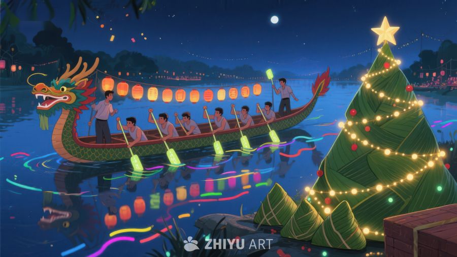 龙舟夜游与粽子树的奇幻场景 349