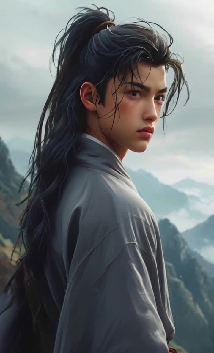 一个年轻男子，长发扎成马尾，有几缕头发散落在脸颊旁