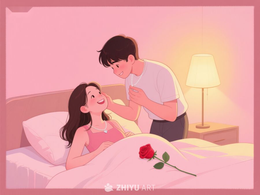 温馨床边，男子轻抚女子面颊 681
