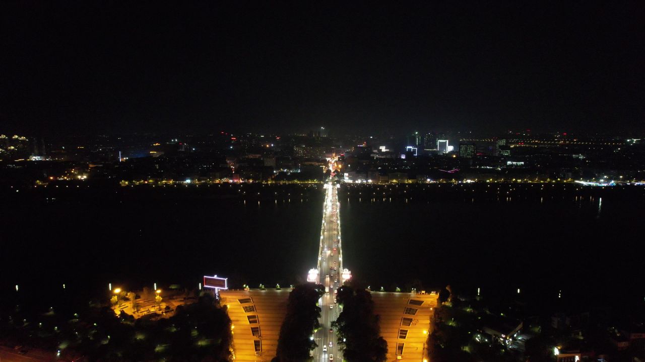  湖南湘潭大桥夜景交通航拍